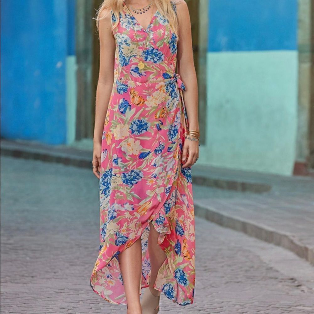 Bel Air Women’s Medium printed pink & blue floral wrap midi dress. New with tags